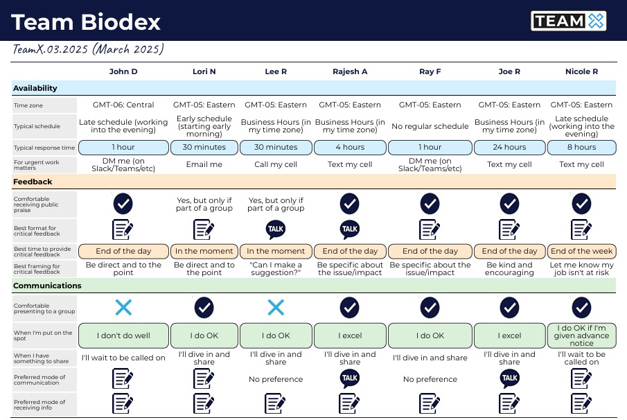 Sample Team Biodex grid showing each member's availability, feedback and communication preferences across columns.